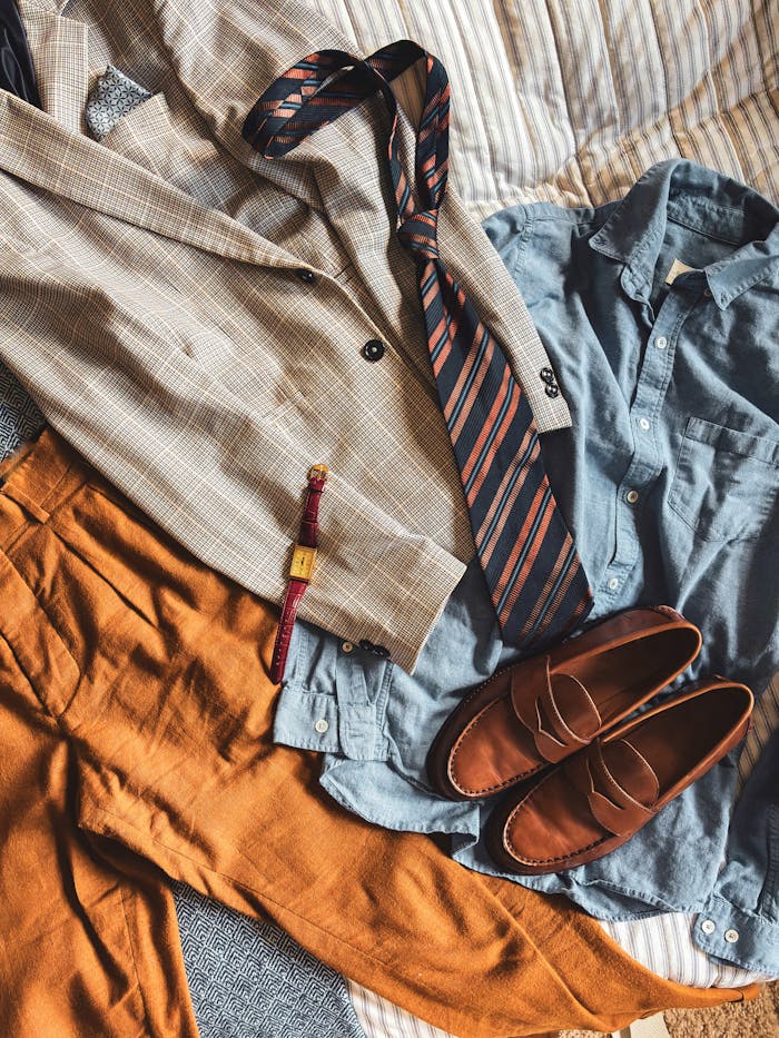 about-us-01 Flat lay of classic men's clothing including a suit jacket, tie, loafers, and watch.